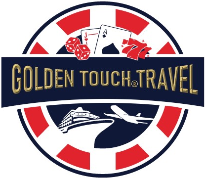 Golden Touch Travel — casino chip badge with cruise ship and aeroplane